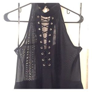 Black halter, mesh topped jumpsuit. Size 1X.